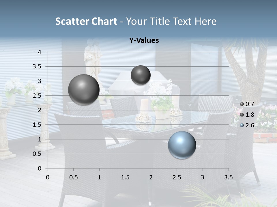 A Table And Chairs On A Patio With A Statue In The Background PowerPoint Template
