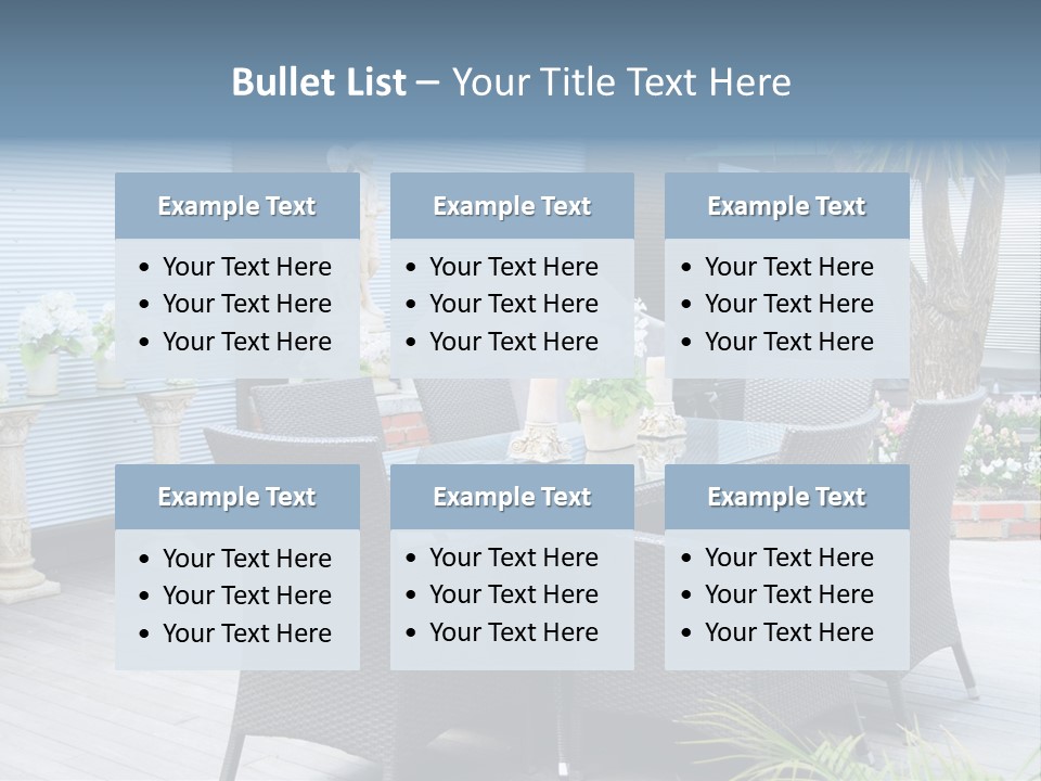 A Table And Chairs On A Patio With A Statue In The Background PowerPoint Template