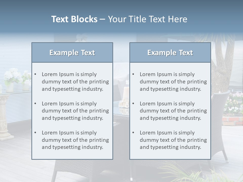 A Table And Chairs On A Patio With A Statue In The Background PowerPoint Template