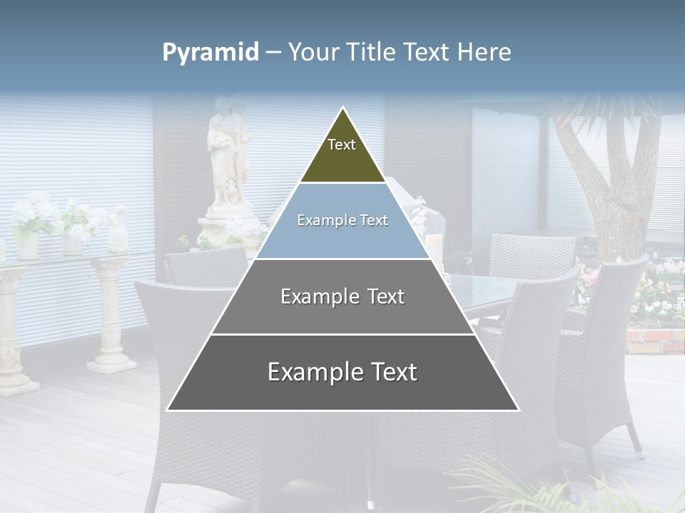A Table And Chairs On A Patio With A Statue In The Background PowerPoint Template