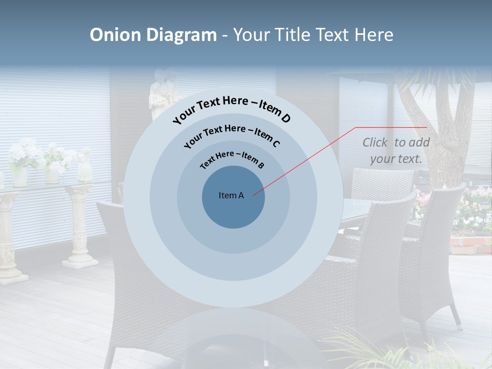 A Table And Chairs On A Patio With A Statue In The Background PowerPoint Template