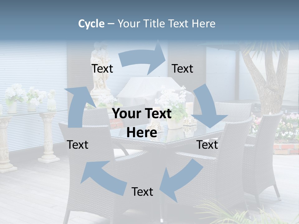 A Table And Chairs On A Patio With A Statue In The Background PowerPoint Template