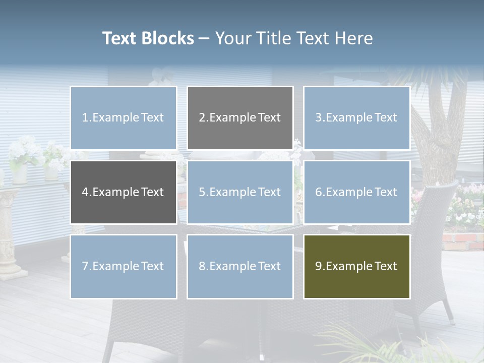 A Table And Chairs On A Patio With A Statue In The Background PowerPoint Template