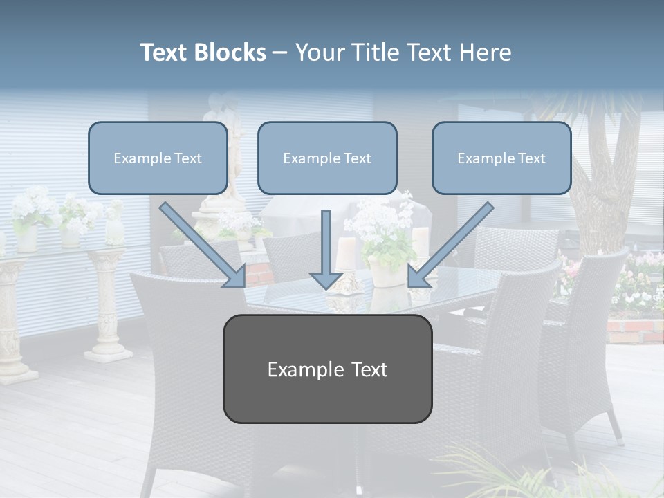 A Table And Chairs On A Patio With A Statue In The Background PowerPoint Template