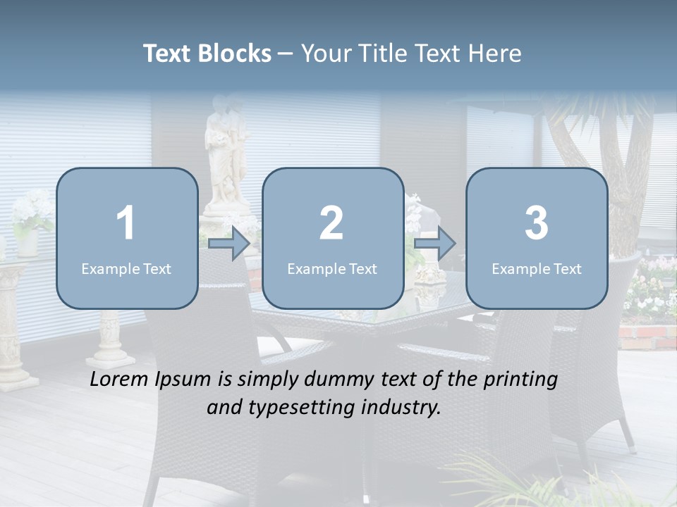 A Table And Chairs On A Patio With A Statue In The Background PowerPoint Template