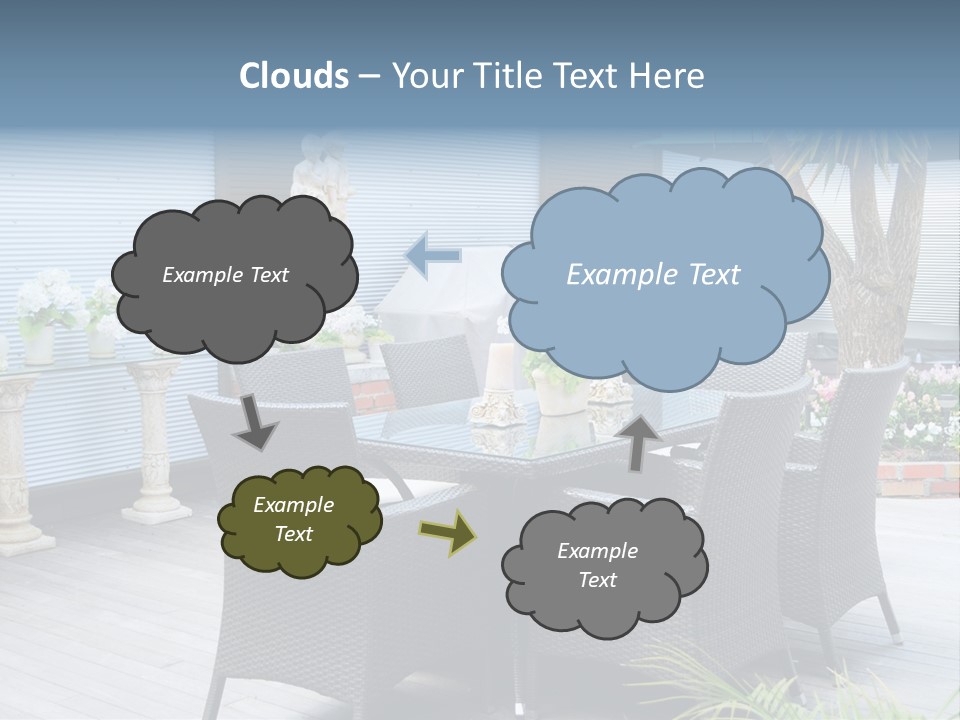 A Table And Chairs On A Patio With A Statue In The Background PowerPoint Template