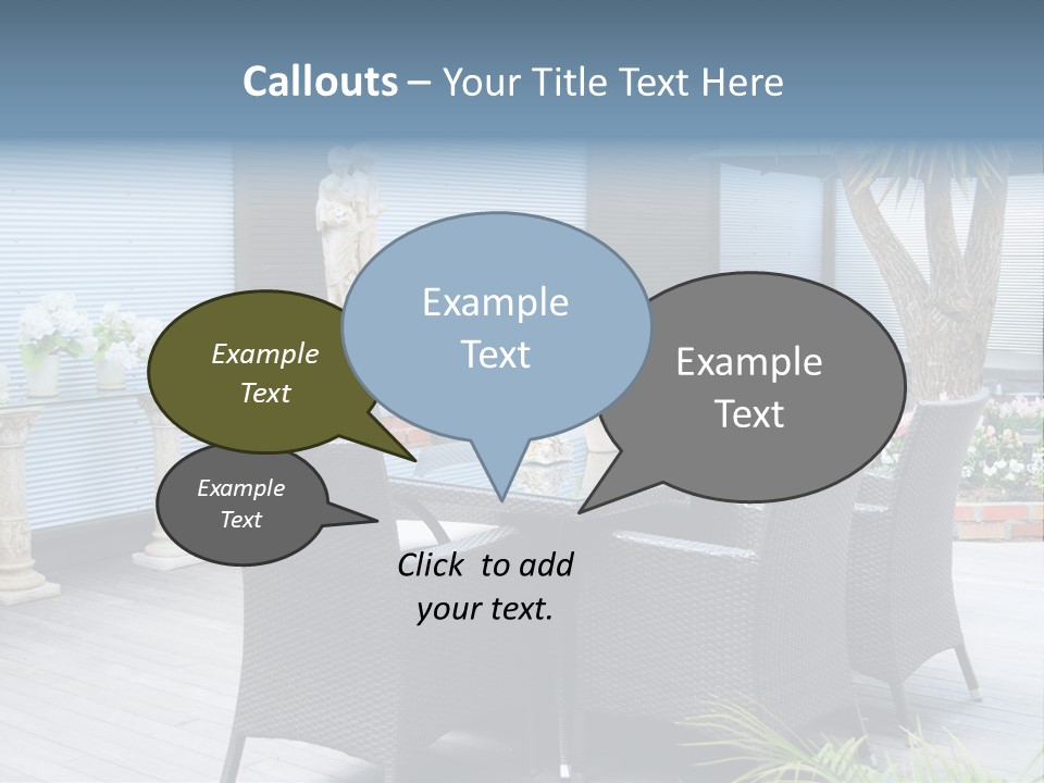A Table And Chairs On A Patio With A Statue In The Background PowerPoint Template