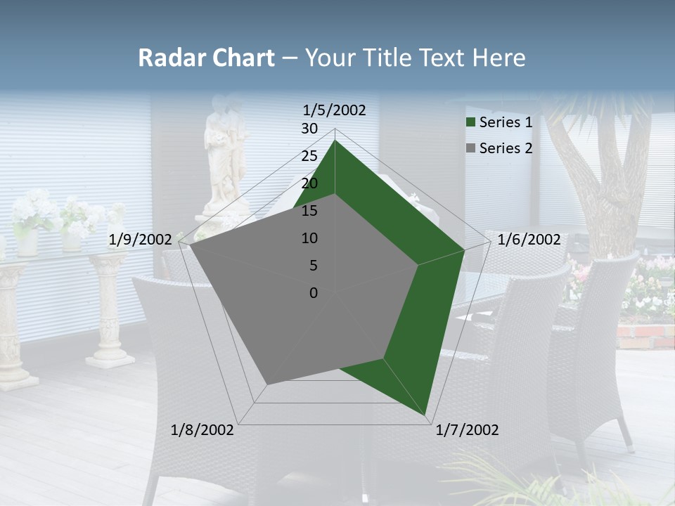 A Table And Chairs On A Patio With A Statue In The Background PowerPoint Template