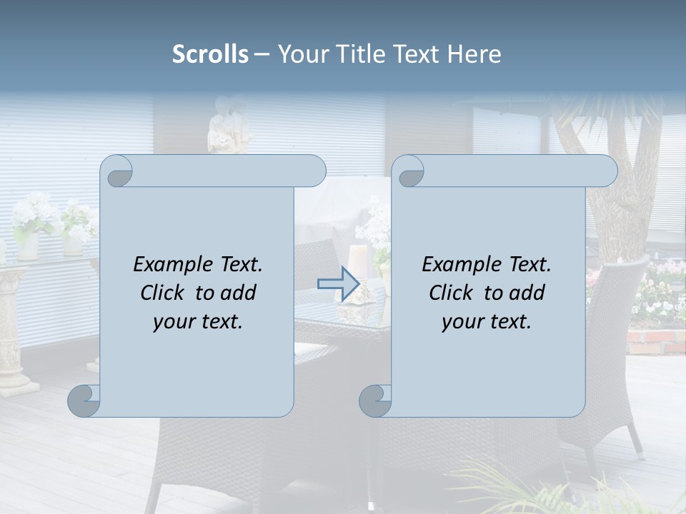 A Table And Chairs On A Patio With A Statue In The Background PowerPoint Template