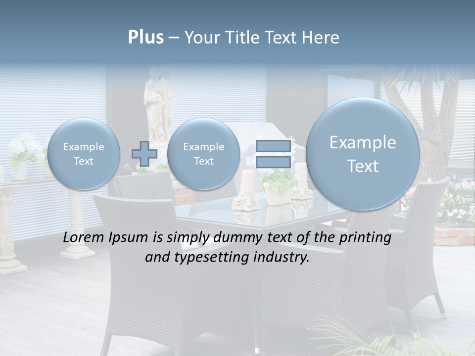 A Table And Chairs On A Patio With A Statue In The Background PowerPoint Template
