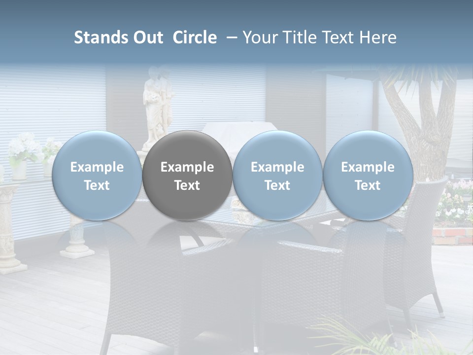 A Table And Chairs On A Patio With A Statue In The Background PowerPoint Template