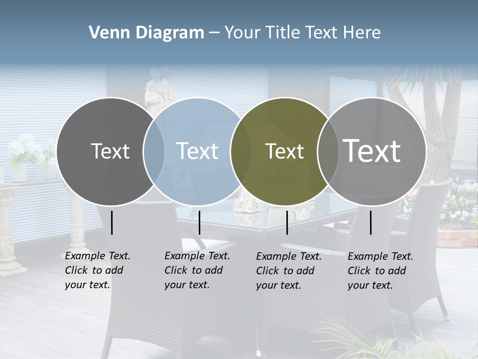 A Table And Chairs On A Patio With A Statue In The Background PowerPoint Template