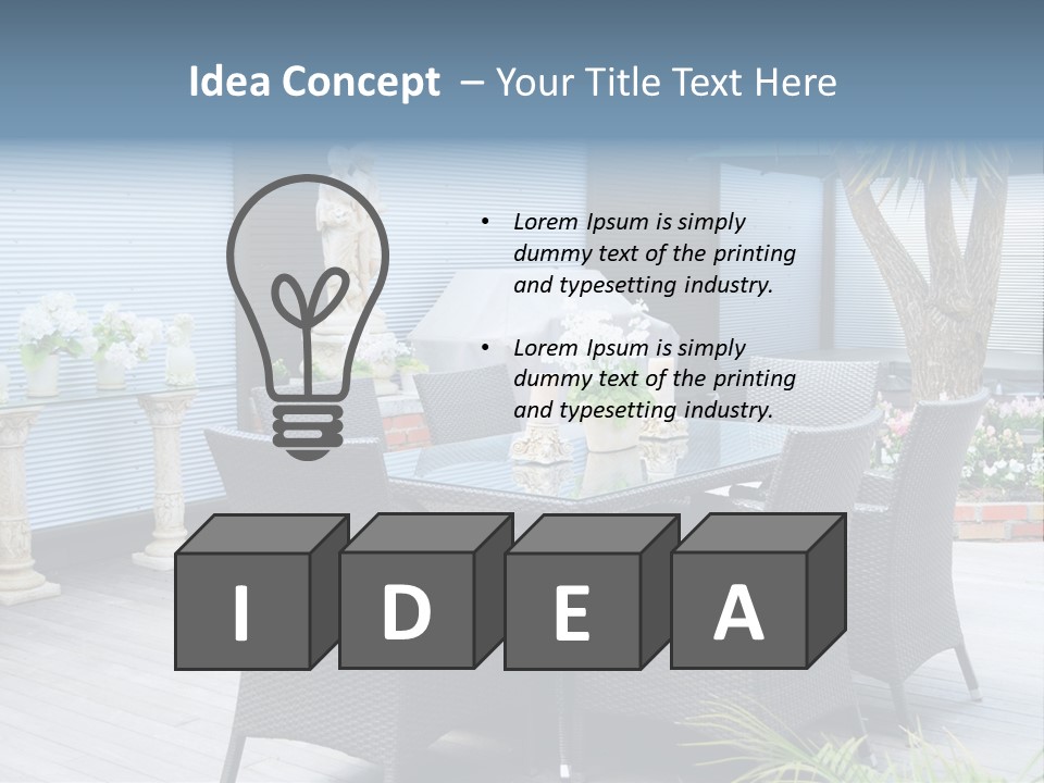 A Table And Chairs On A Patio With A Statue In The Background PowerPoint Template