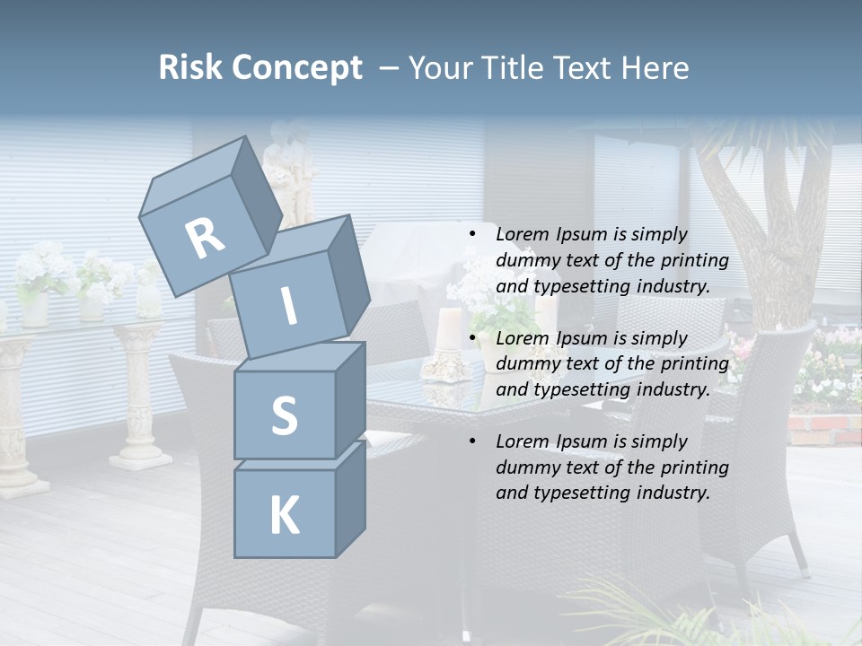 A Table And Chairs On A Patio With A Statue In The Background PowerPoint Template