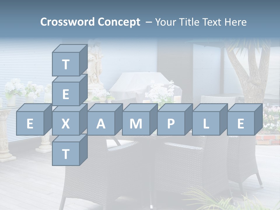 A Table And Chairs On A Patio With A Statue In The Background PowerPoint Template