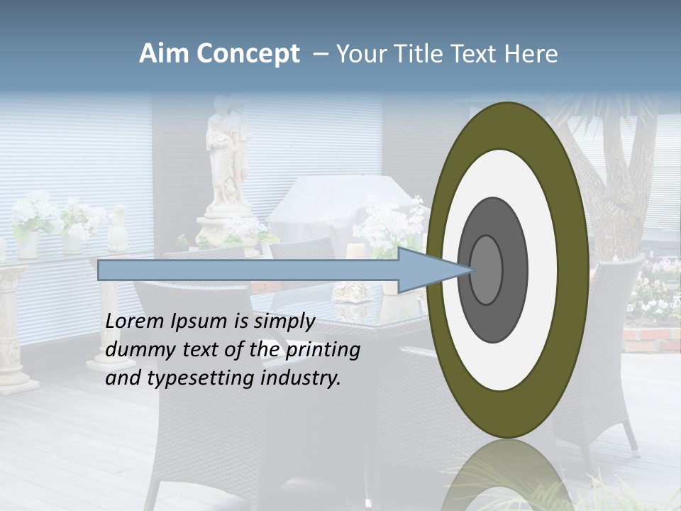 A Table And Chairs On A Patio With A Statue In The Background PowerPoint Template