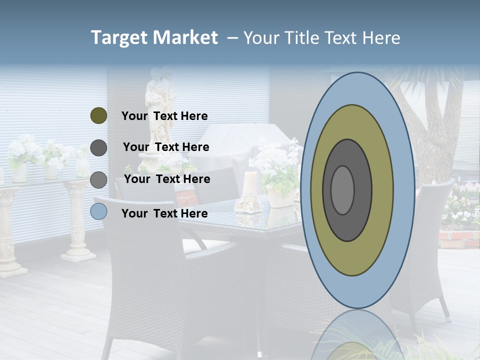 A Table And Chairs On A Patio With A Statue In The Background PowerPoint Template