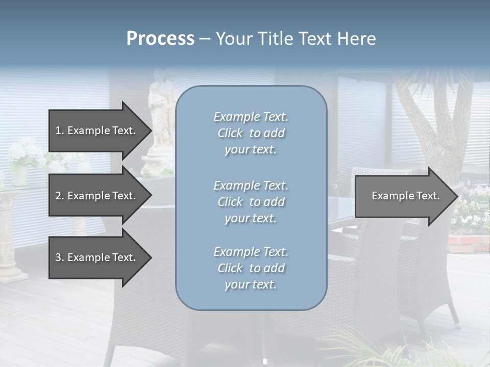 A Table And Chairs On A Patio With A Statue In The Background PowerPoint Template