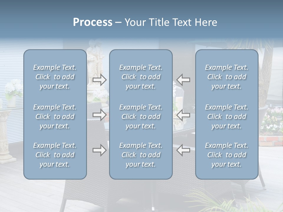 A Table And Chairs On A Patio With A Statue In The Background PowerPoint Template