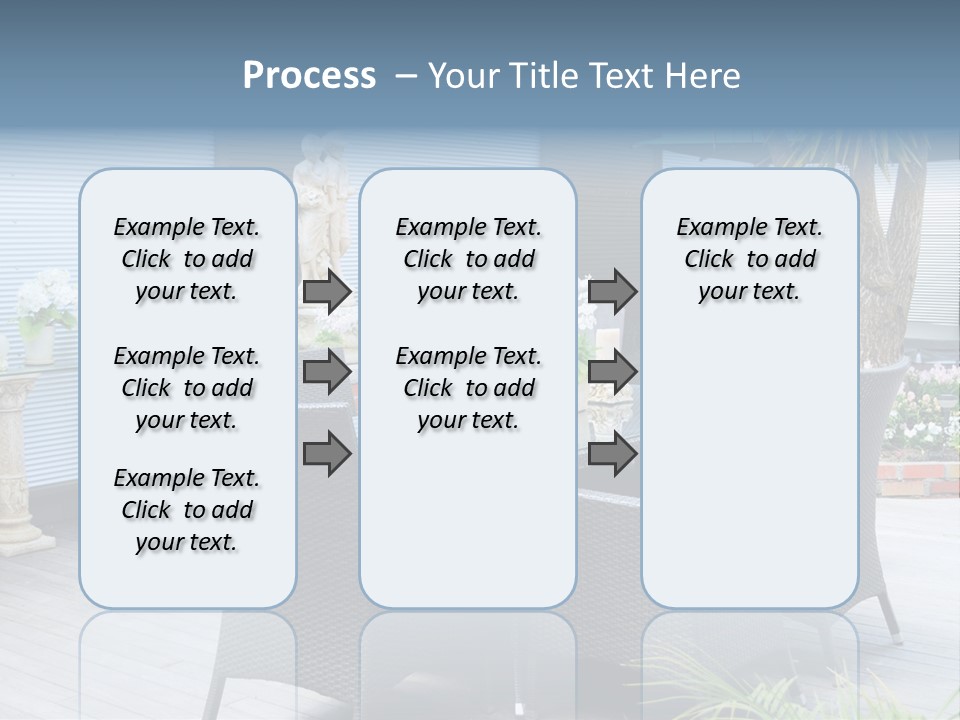 A Table And Chairs On A Patio With A Statue In The Background PowerPoint Template