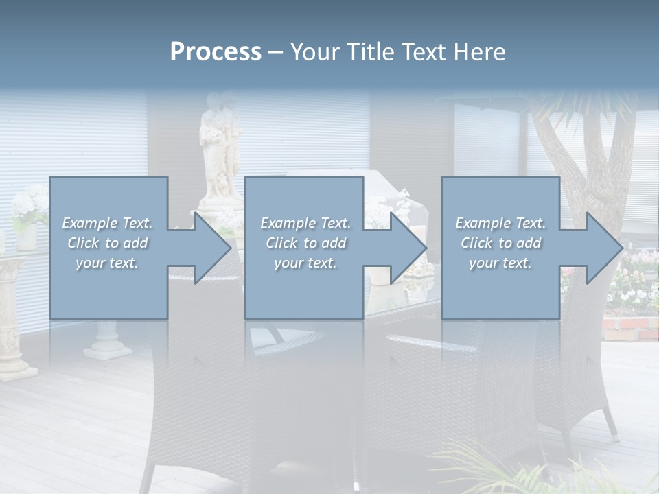 A Table And Chairs On A Patio With A Statue In The Background PowerPoint Template