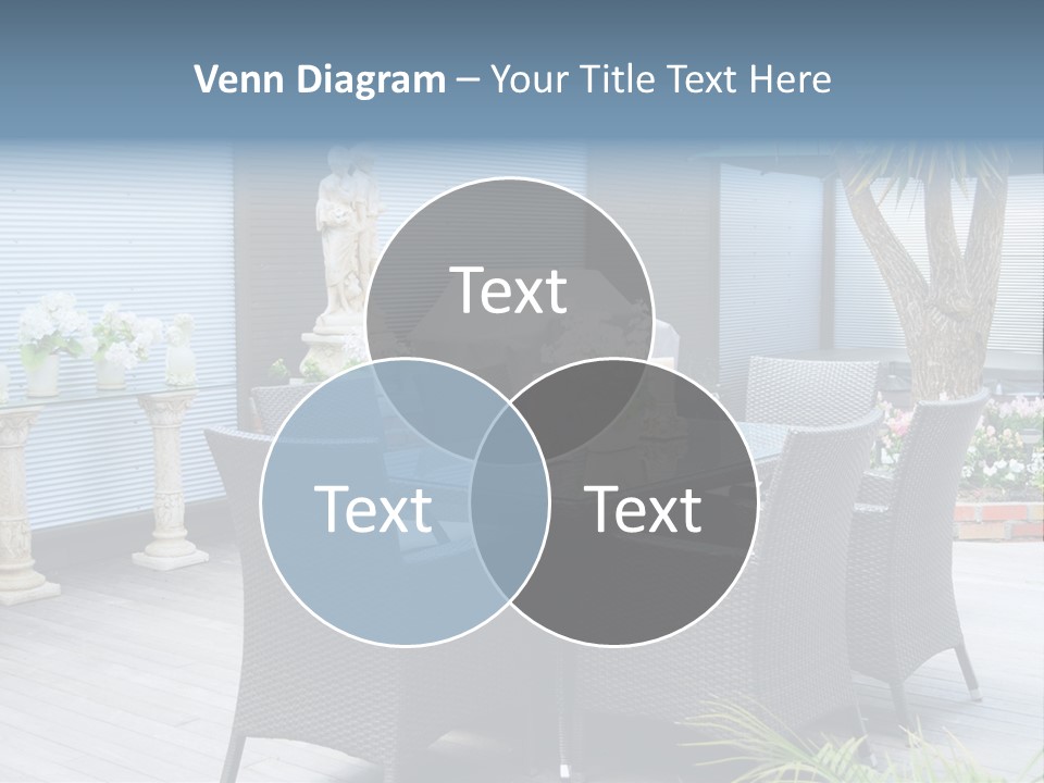 A Table And Chairs On A Patio With A Statue In The Background PowerPoint Template