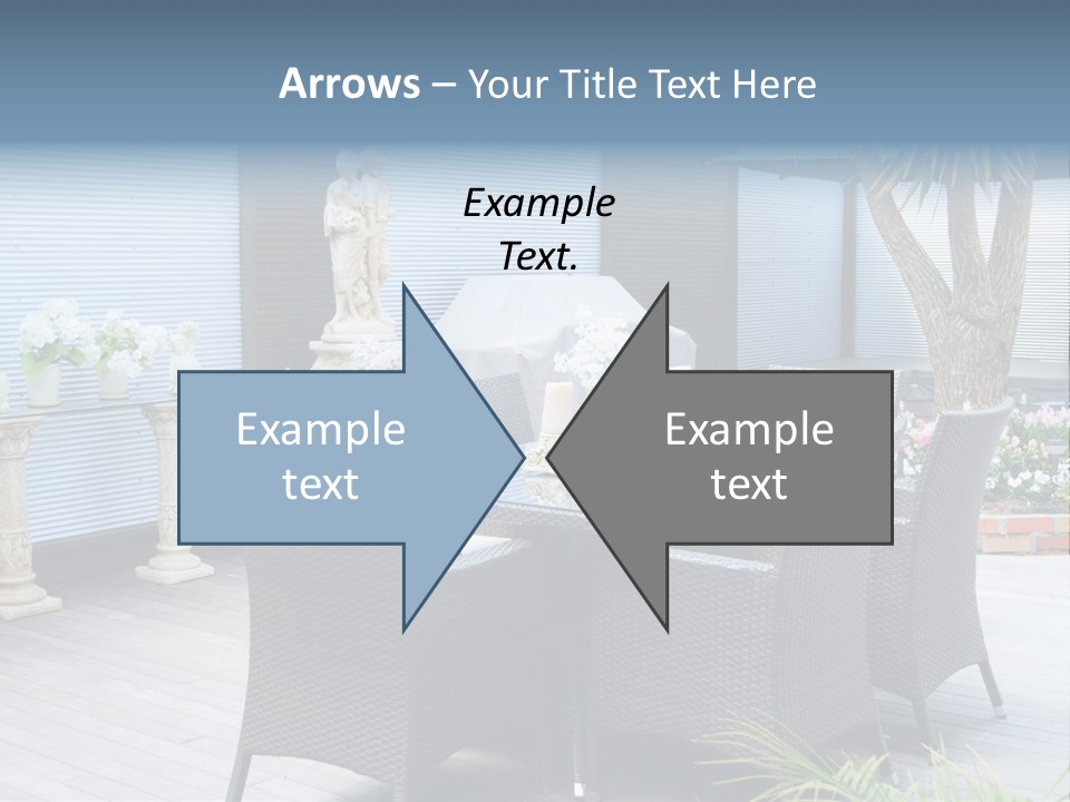 A Table And Chairs On A Patio With A Statue In The Background PowerPoint Template