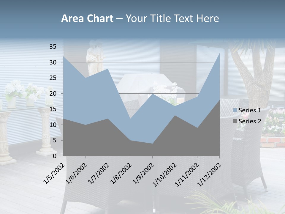 A Table And Chairs On A Patio With A Statue In The Background PowerPoint Template