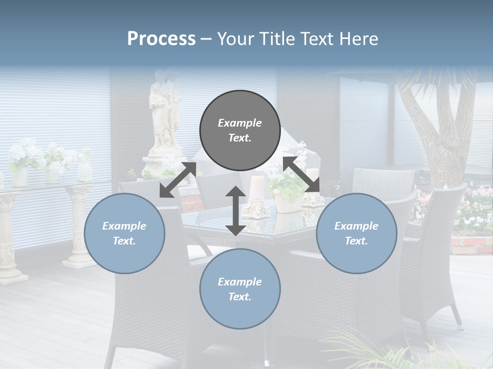 A Table And Chairs On A Patio With A Statue In The Background PowerPoint Template