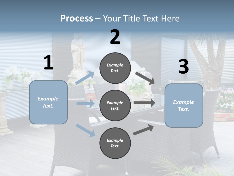 A Table And Chairs On A Patio With A Statue In The Background PowerPoint Template