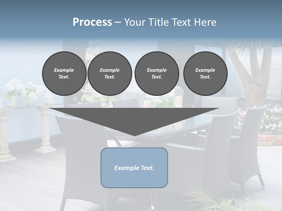 A Table And Chairs On A Patio With A Statue In The Background PowerPoint Template