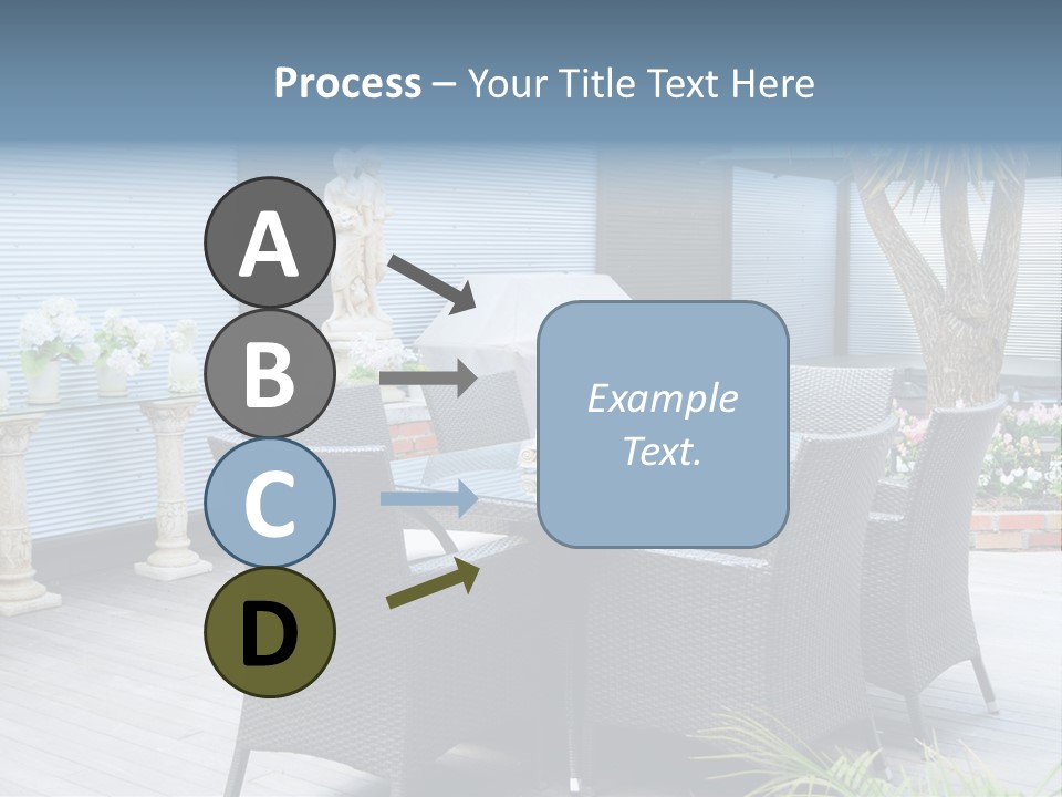 A Table And Chairs On A Patio With A Statue In The Background PowerPoint Template