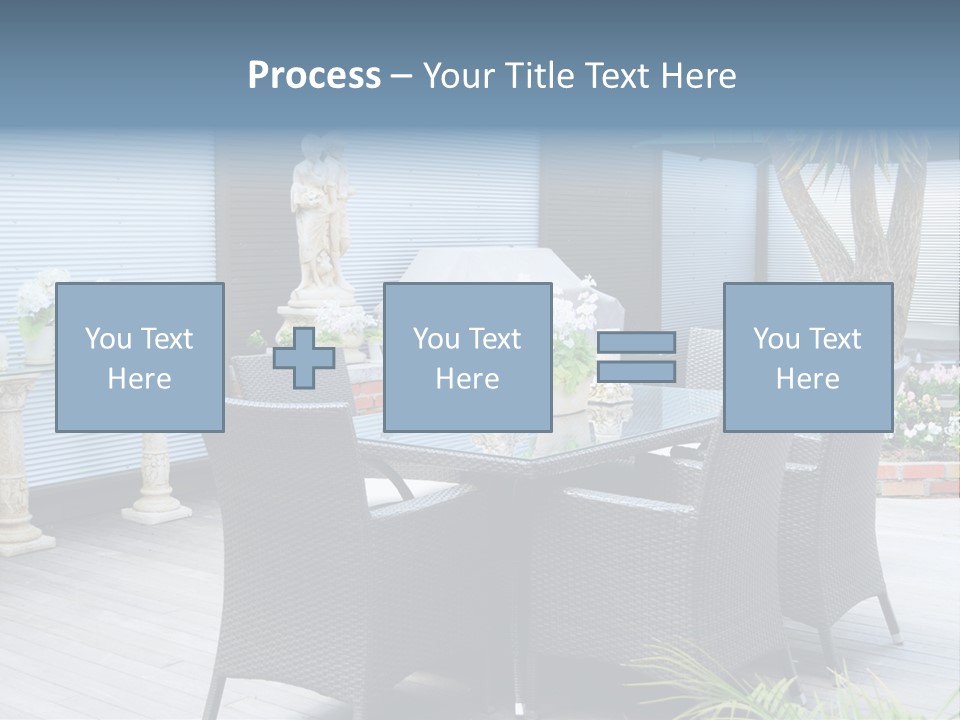 A Table And Chairs On A Patio With A Statue In The Background PowerPoint Template