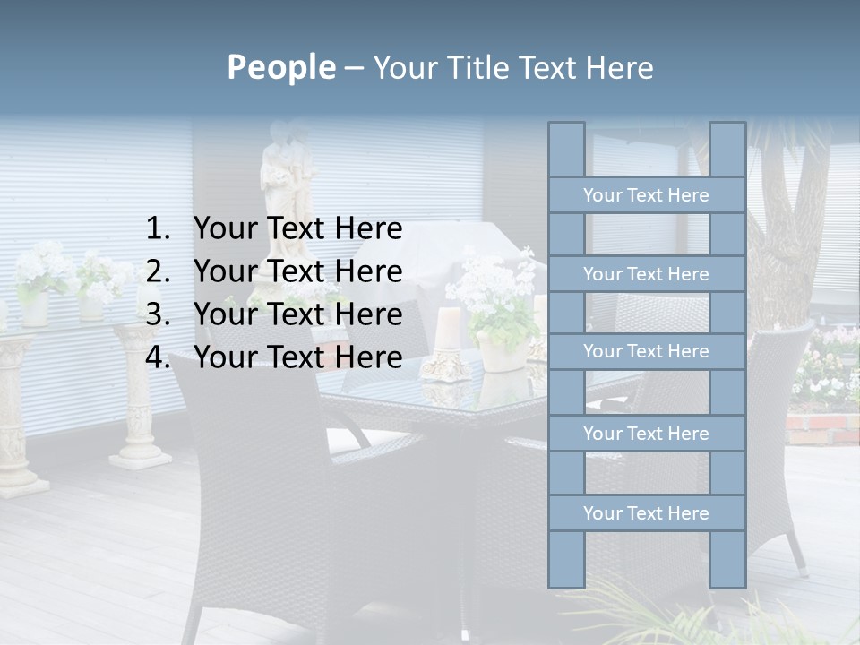 A Table And Chairs On A Patio With A Statue In The Background PowerPoint Template