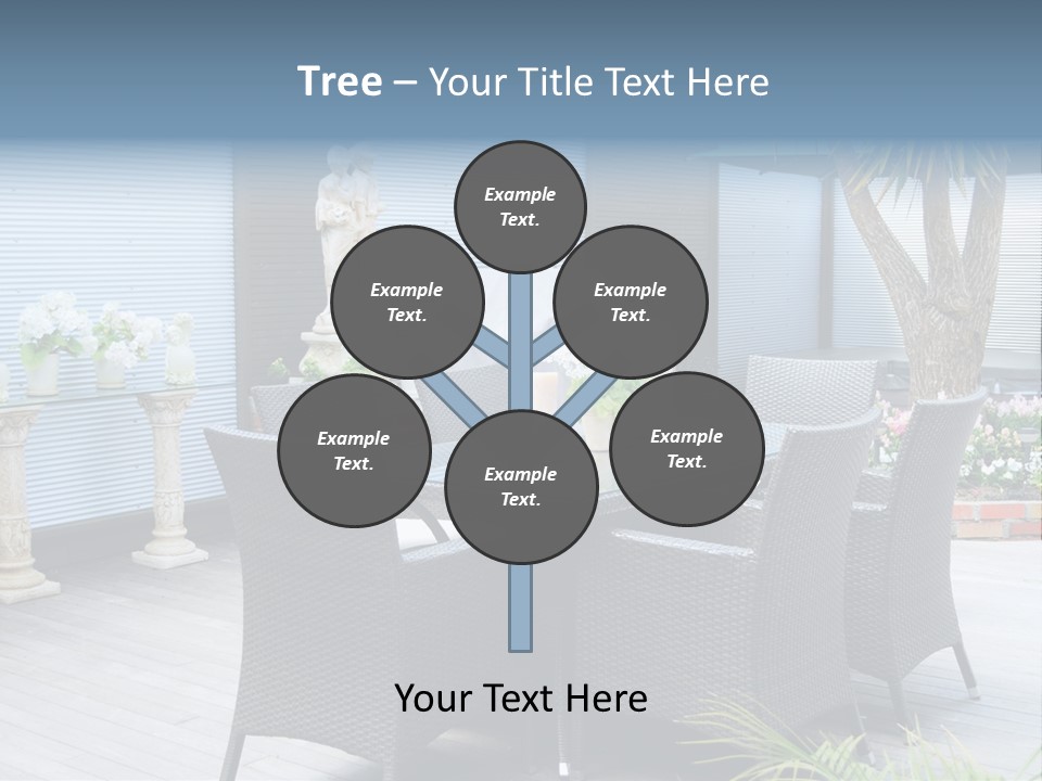 A Table And Chairs On A Patio With A Statue In The Background PowerPoint Template