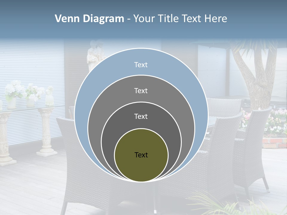 A Table And Chairs On A Patio With A Statue In The Background PowerPoint Template