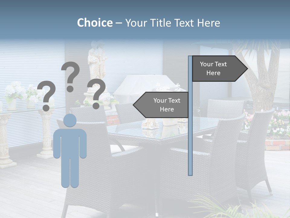 A Table And Chairs On A Patio With A Statue In The Background PowerPoint Template