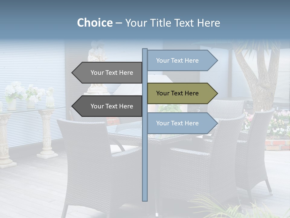 A Table And Chairs On A Patio With A Statue In The Background PowerPoint Template