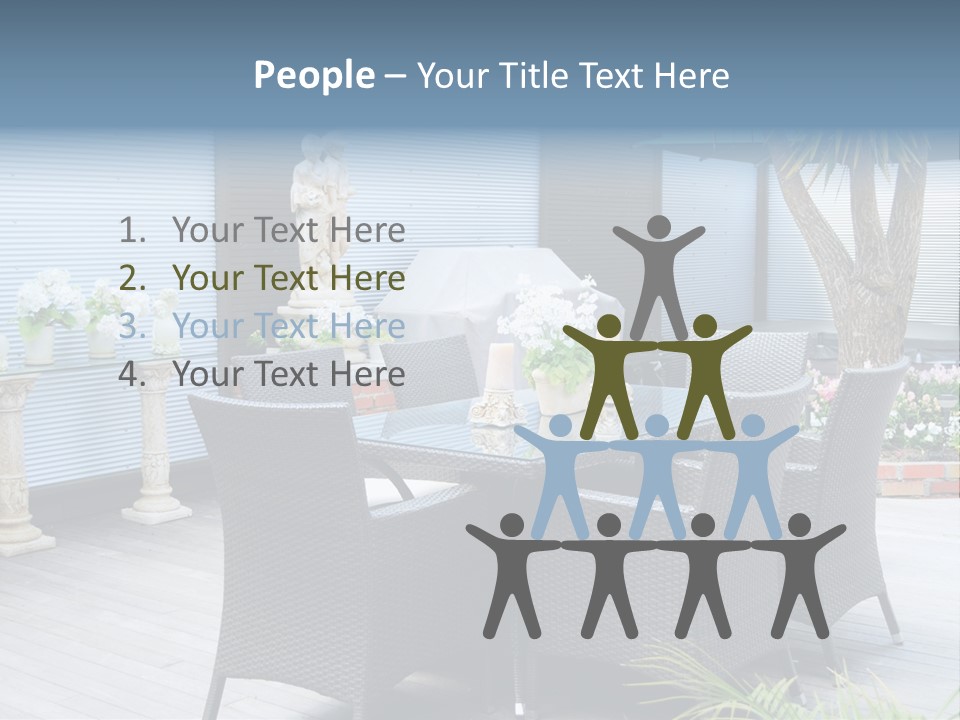 A Table And Chairs On A Patio With A Statue In The Background PowerPoint Template