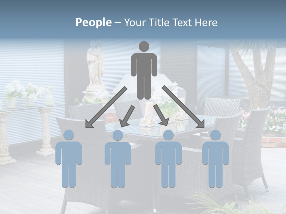 A Table And Chairs On A Patio With A Statue In The Background PowerPoint Template