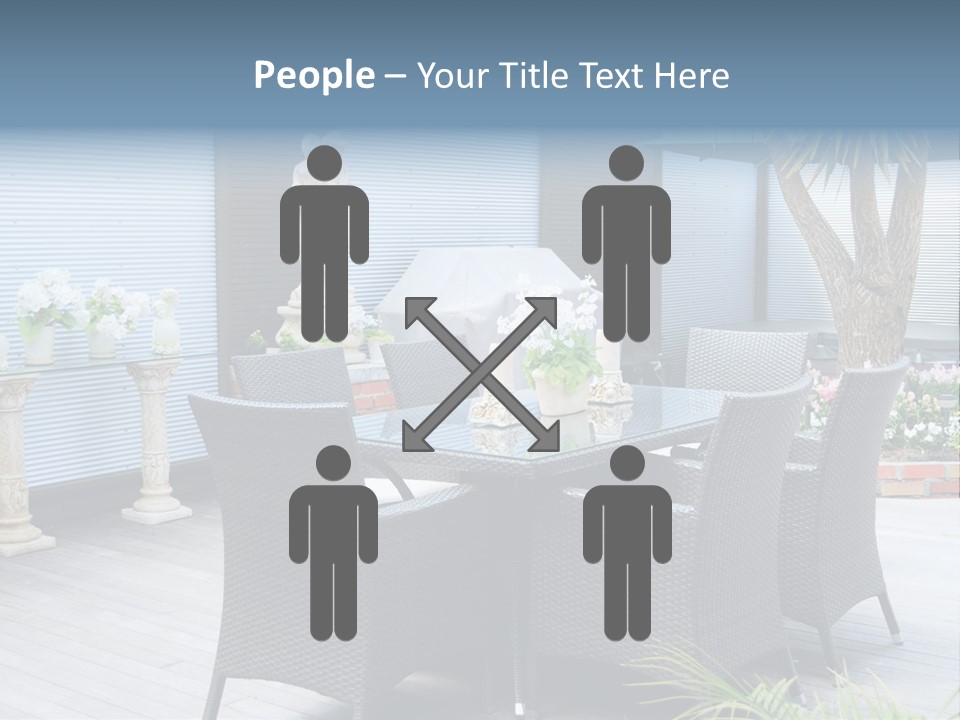A Table And Chairs On A Patio With A Statue In The Background PowerPoint Template