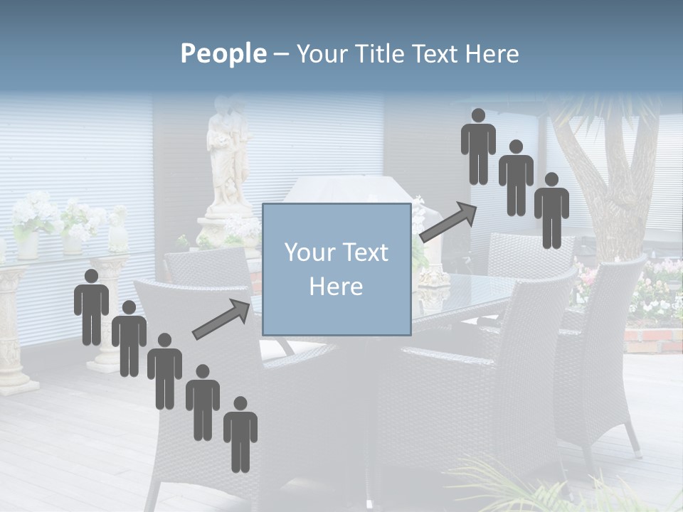 A Table And Chairs On A Patio With A Statue In The Background PowerPoint Template