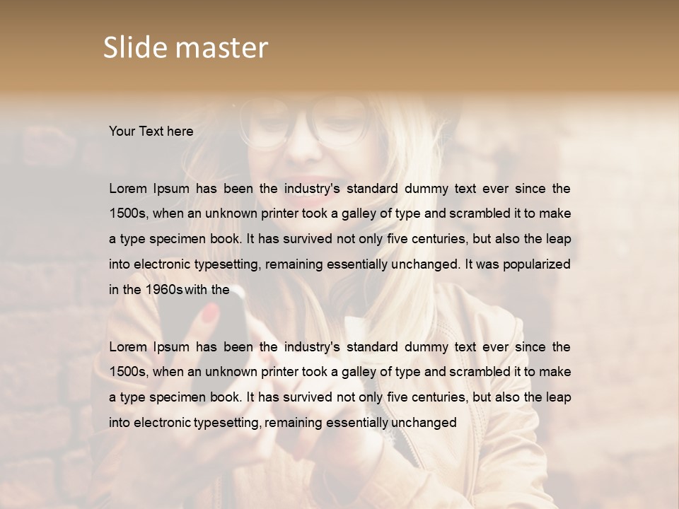 A Woman Wearing Glasses And A Hat Is Looking At Her Cell Phone PowerPoint Template