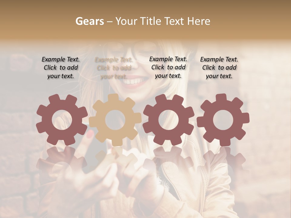 A Woman Wearing Glasses And A Hat Is Looking At Her Cell Phone PowerPoint Template