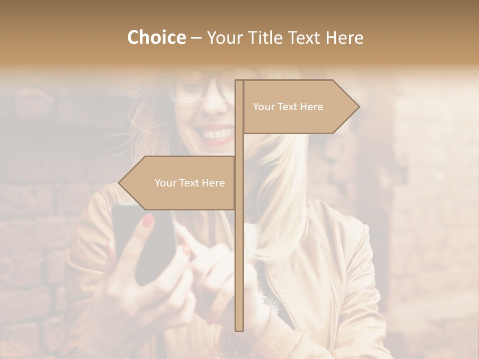 A Woman Wearing Glasses And A Hat Is Looking At Her Cell Phone PowerPoint Template