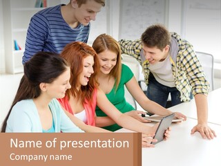 A Group Of People Looking At A Tablet PowerPoint Template