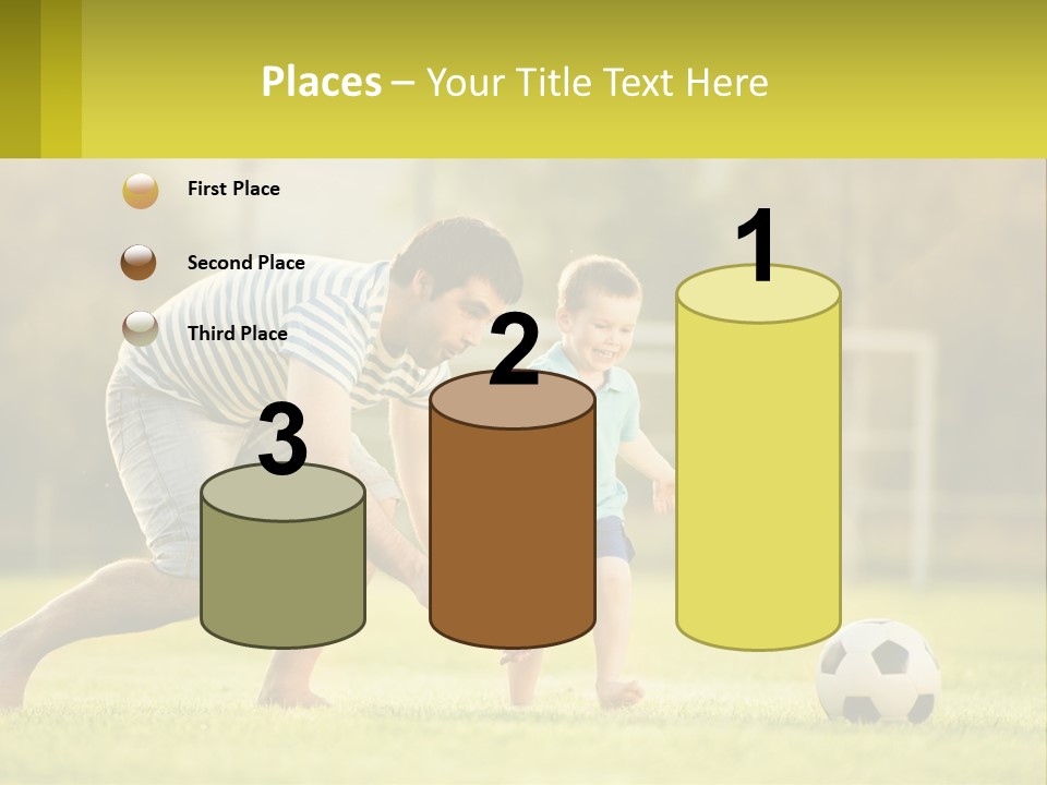 A Father And Son Playing Soccer On A Field PowerPoint Template