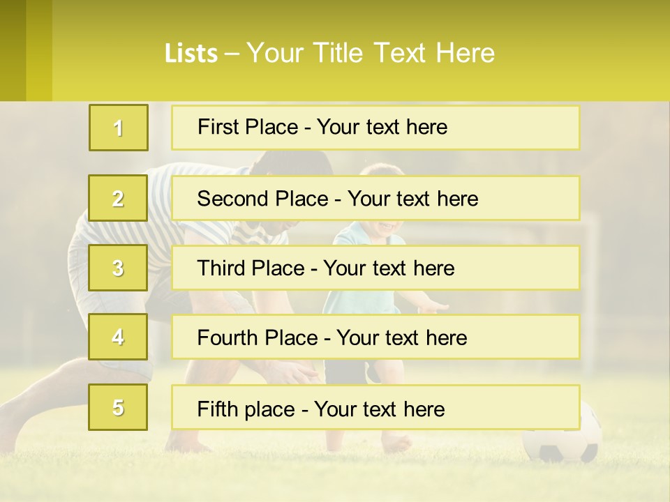 A Father And Son Playing Soccer On A Field PowerPoint Template