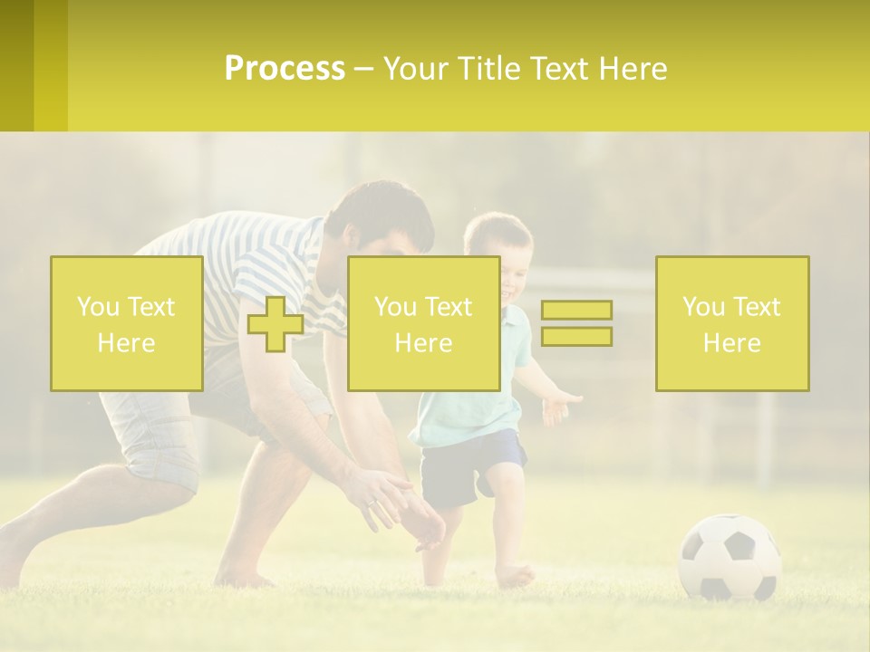 A Father And Son Playing Soccer On A Field PowerPoint Template