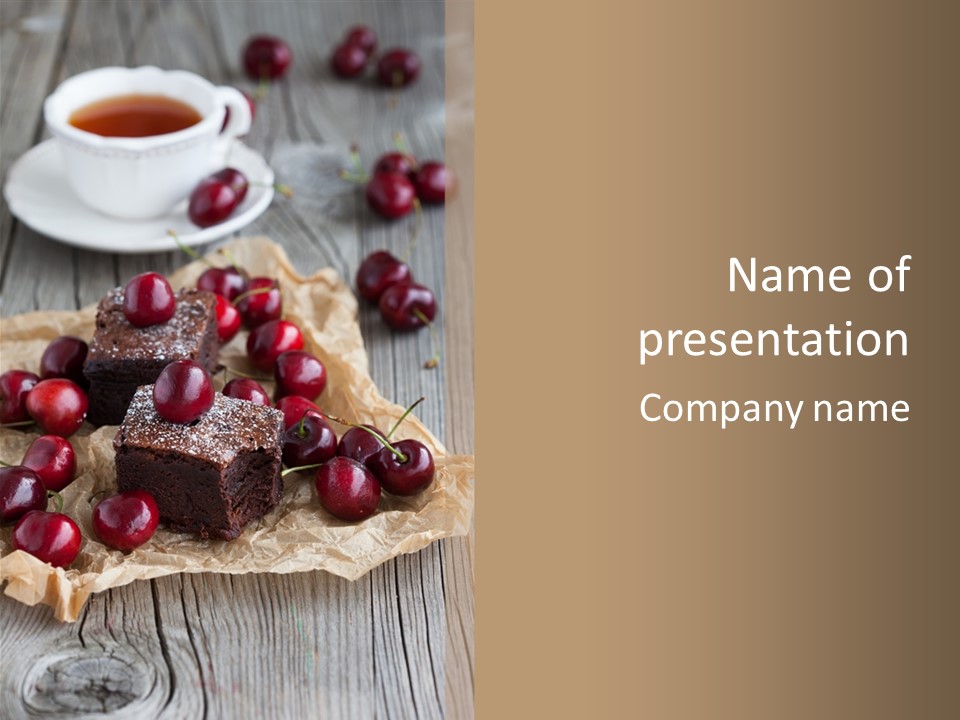 A Piece Of Cake With Cherries And A Cup Of Tea On A Wooden Table PowerPoint Template